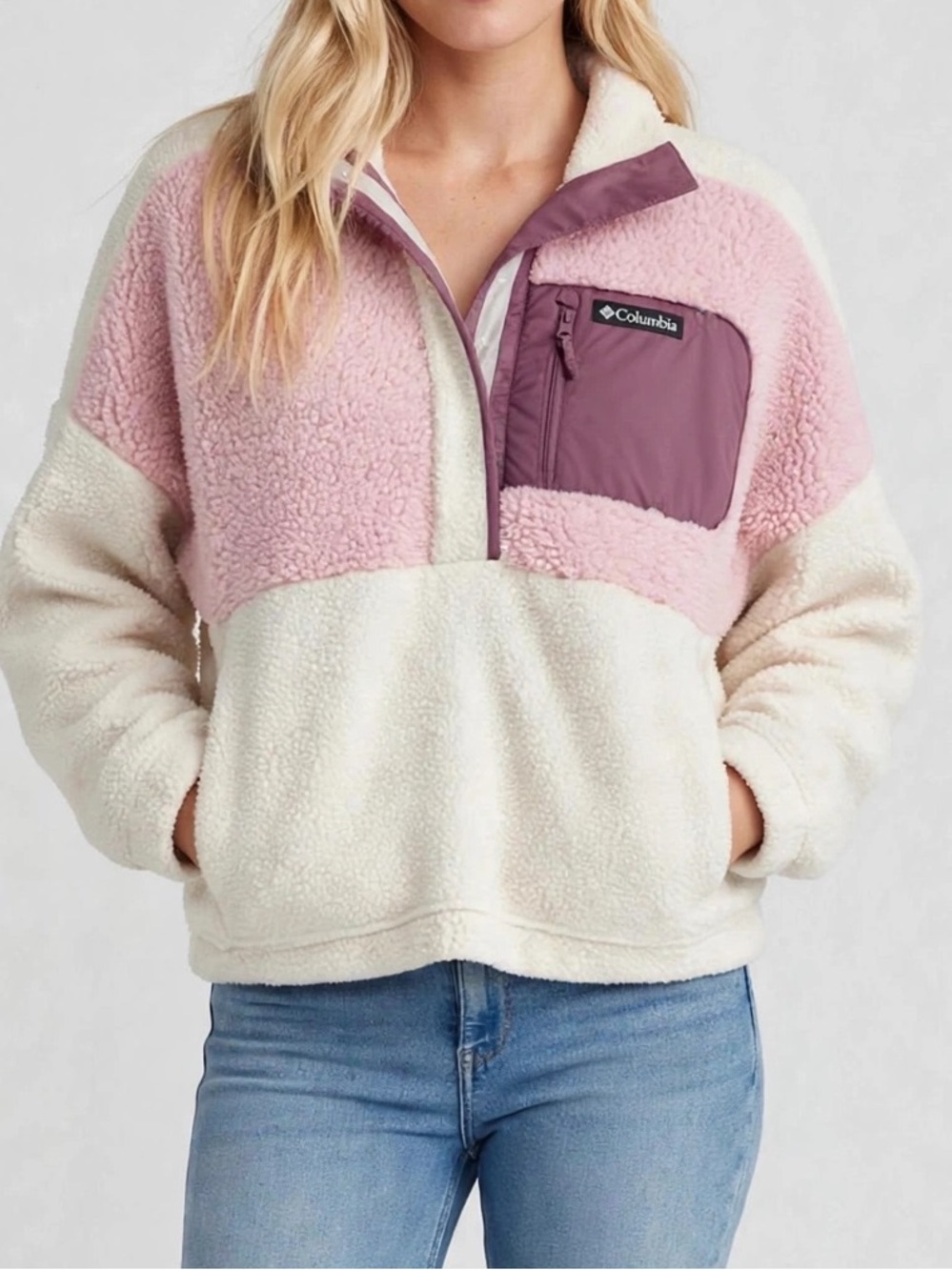 NWT Columbia Helvetia Sherpa Cropped Fleece Pullover -Chalk Dusty Pink Fig - XXL